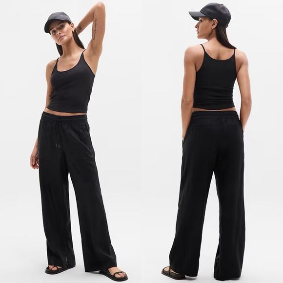 Athleta Retreat Linen High Rise Wide Leg Pant Black Tie Waist Women’s Size XL - Picture 1 of 8